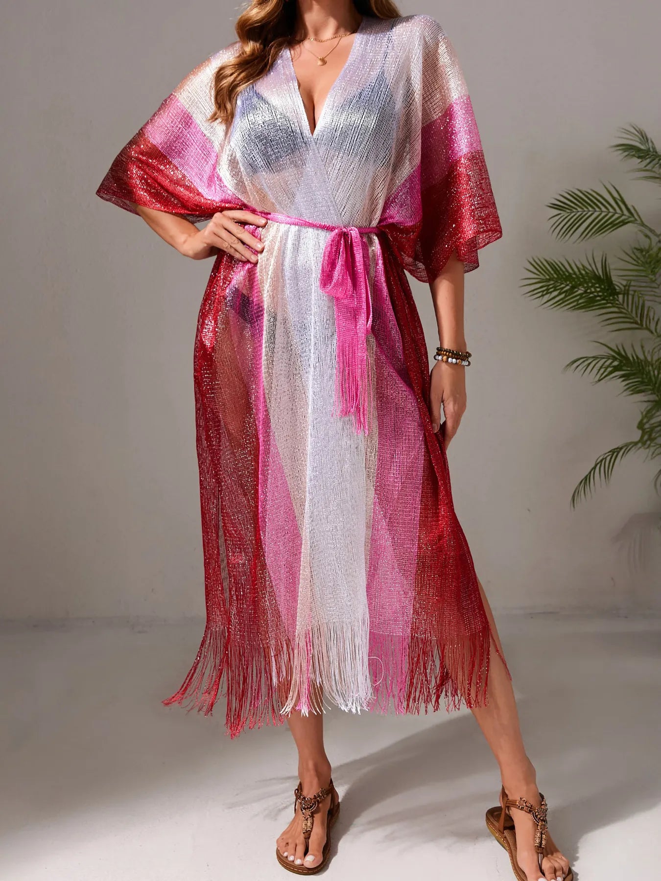 Gradient Fringe Kimono Cover-Up - Pink One Size