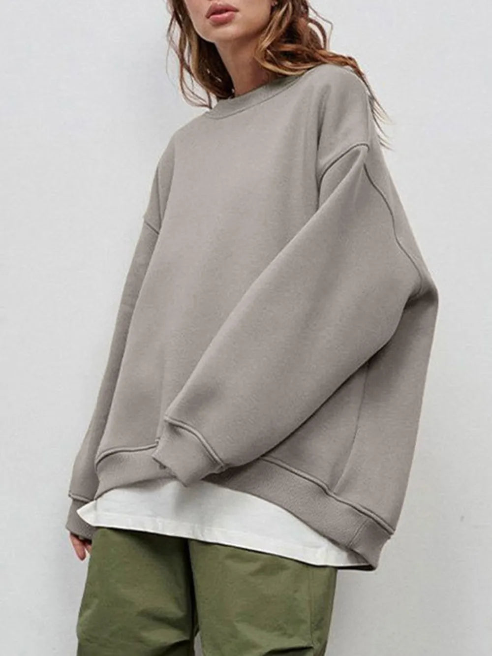 Round Neck Dropped Shoulder Long Sleeve Sweatshirt -