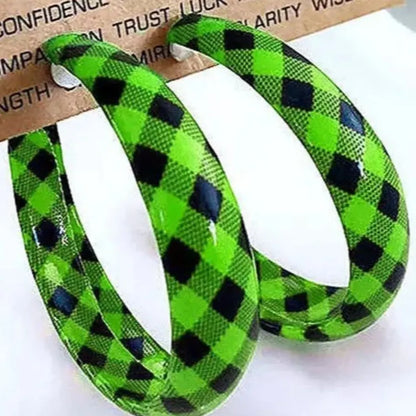 Plaid PU Leather Hoop Earrings - Green One Size