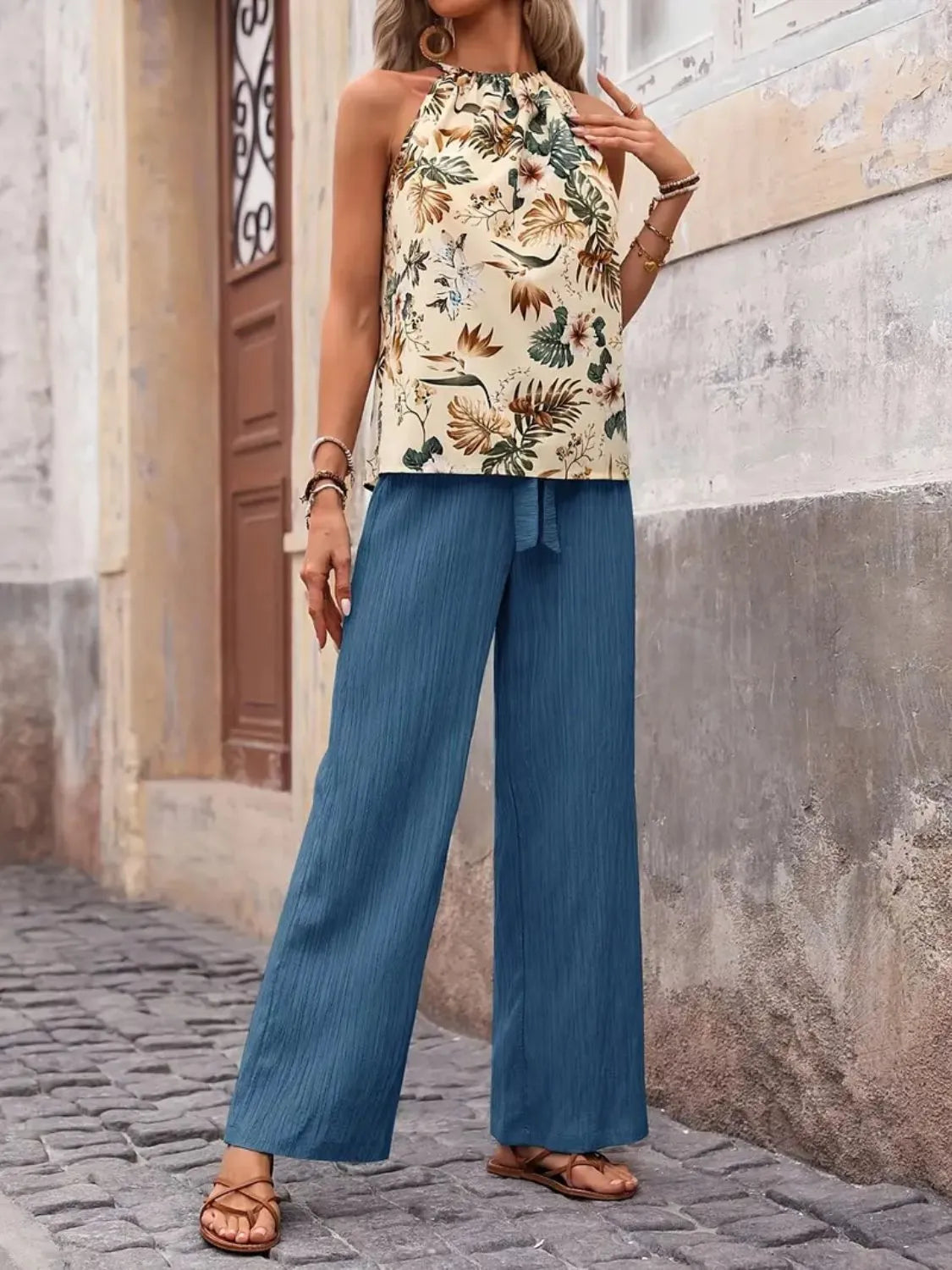 Printed Tank Top and Wide Leg Pants Set -