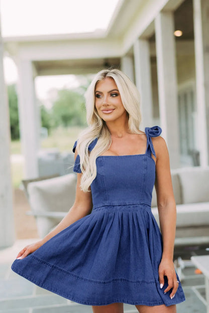 Square Neck Tie Shoulder Denim Dress -