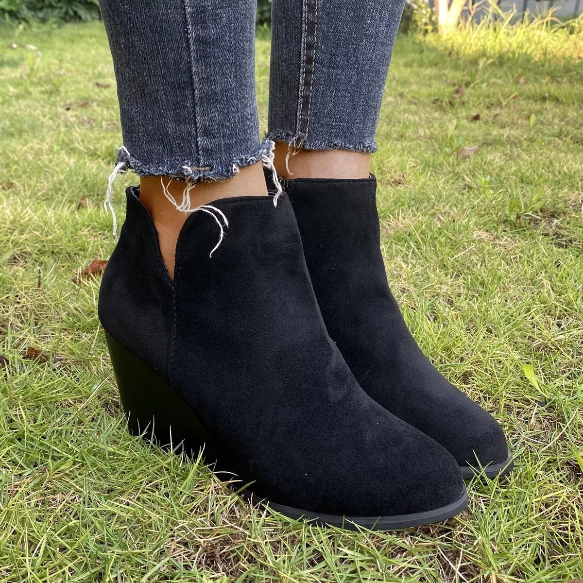 Round Toe Wedge Ankle Boots -