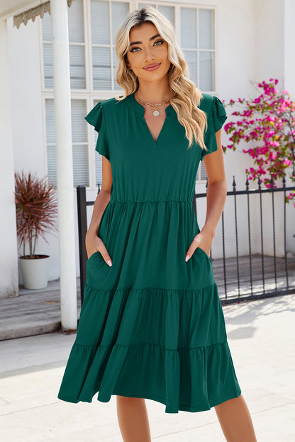 Ruched Notched Cap Sleeve Dress | AdoreStarr