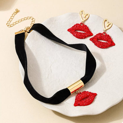 Rhinestone Lip Earrings and Necklace Jewelry Set -