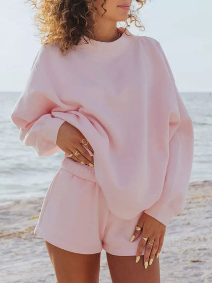 Relaxed Fit Round Neck Sweatshirt and Shorts Set - Blush Pink