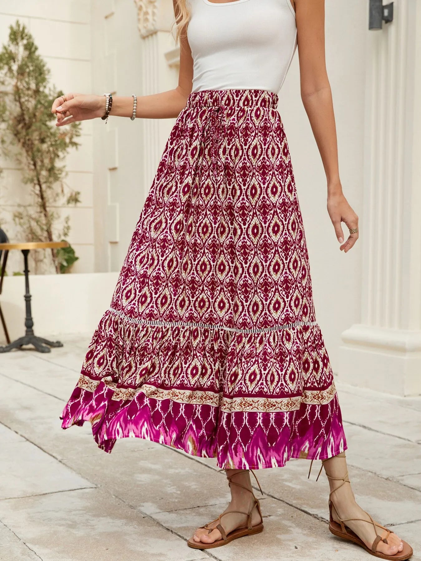Bohemian Printed Ruched Maxi Skirt - Purple Red