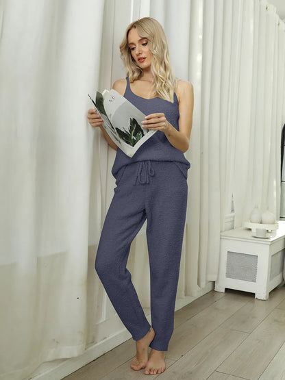 Fuzzy V-Neck Cami and Pants Lounge Set -