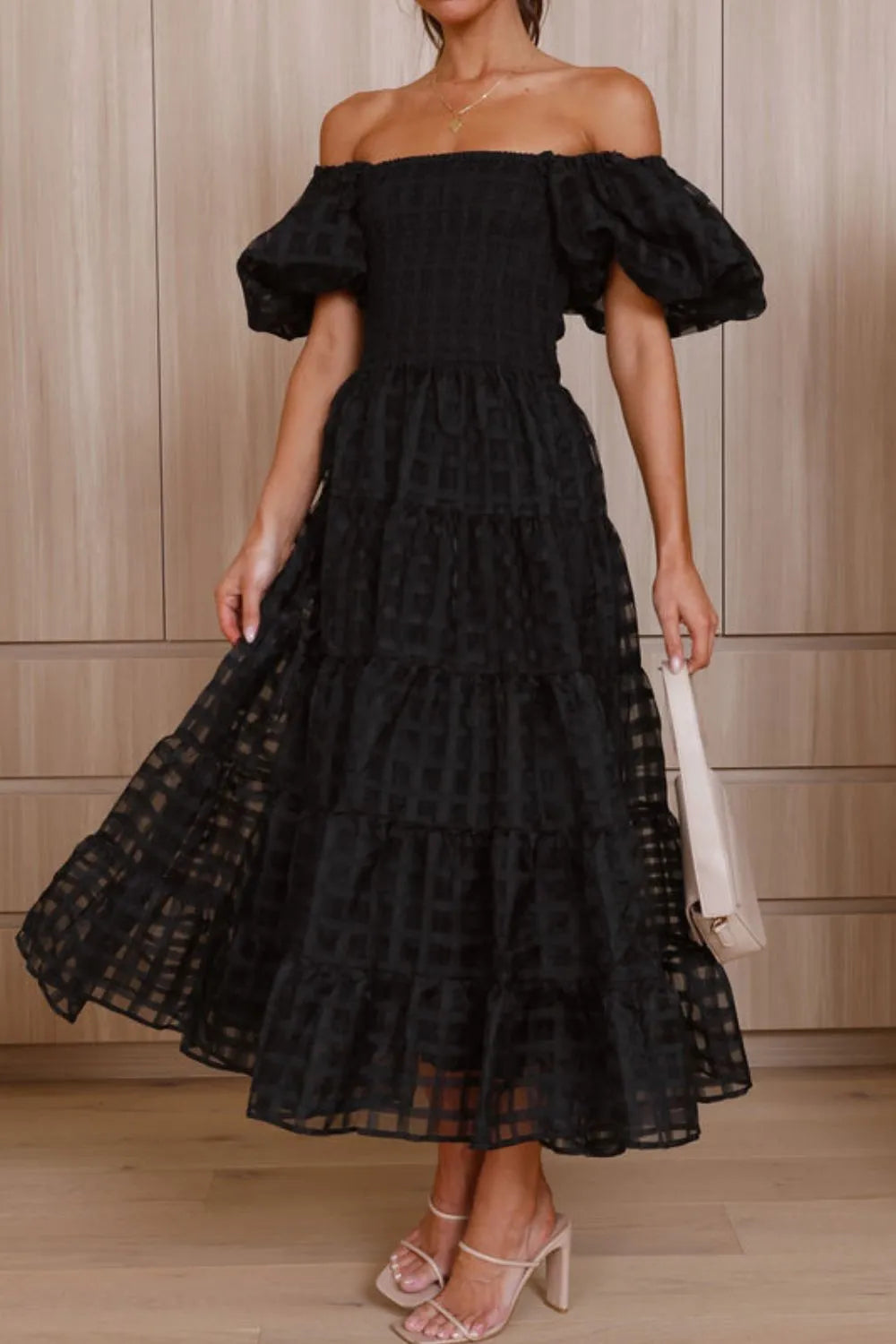 Off Shoulder Short Puff Sleeve Midi Dress -