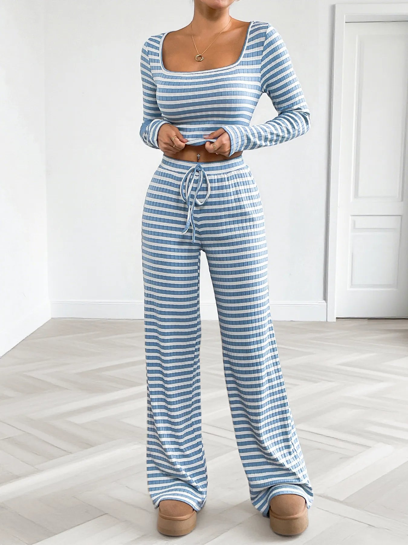 Striped Square Neck Top and Pants Lounge Set -