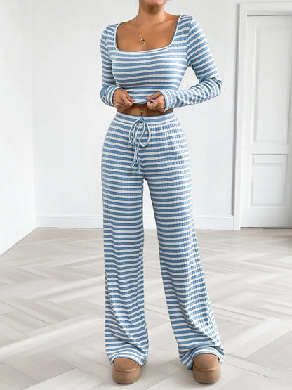 Striped Square Neck Top and Pants Lounge Set -
