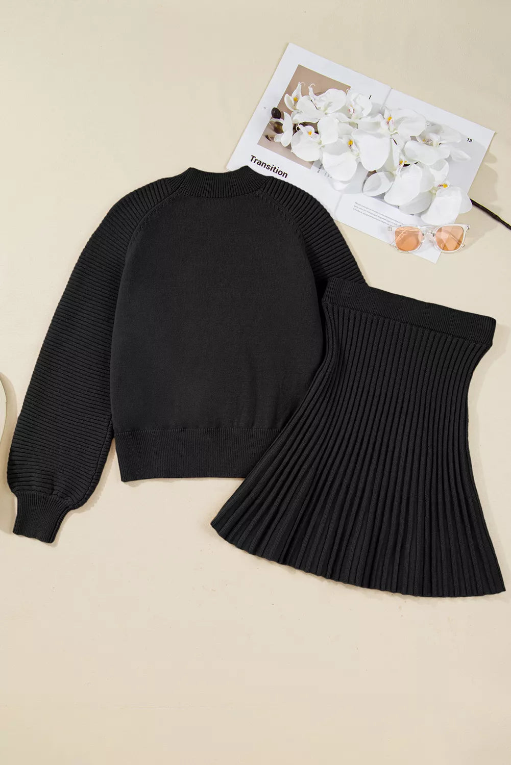 Round Neck Top and Skirt Sweater Set -