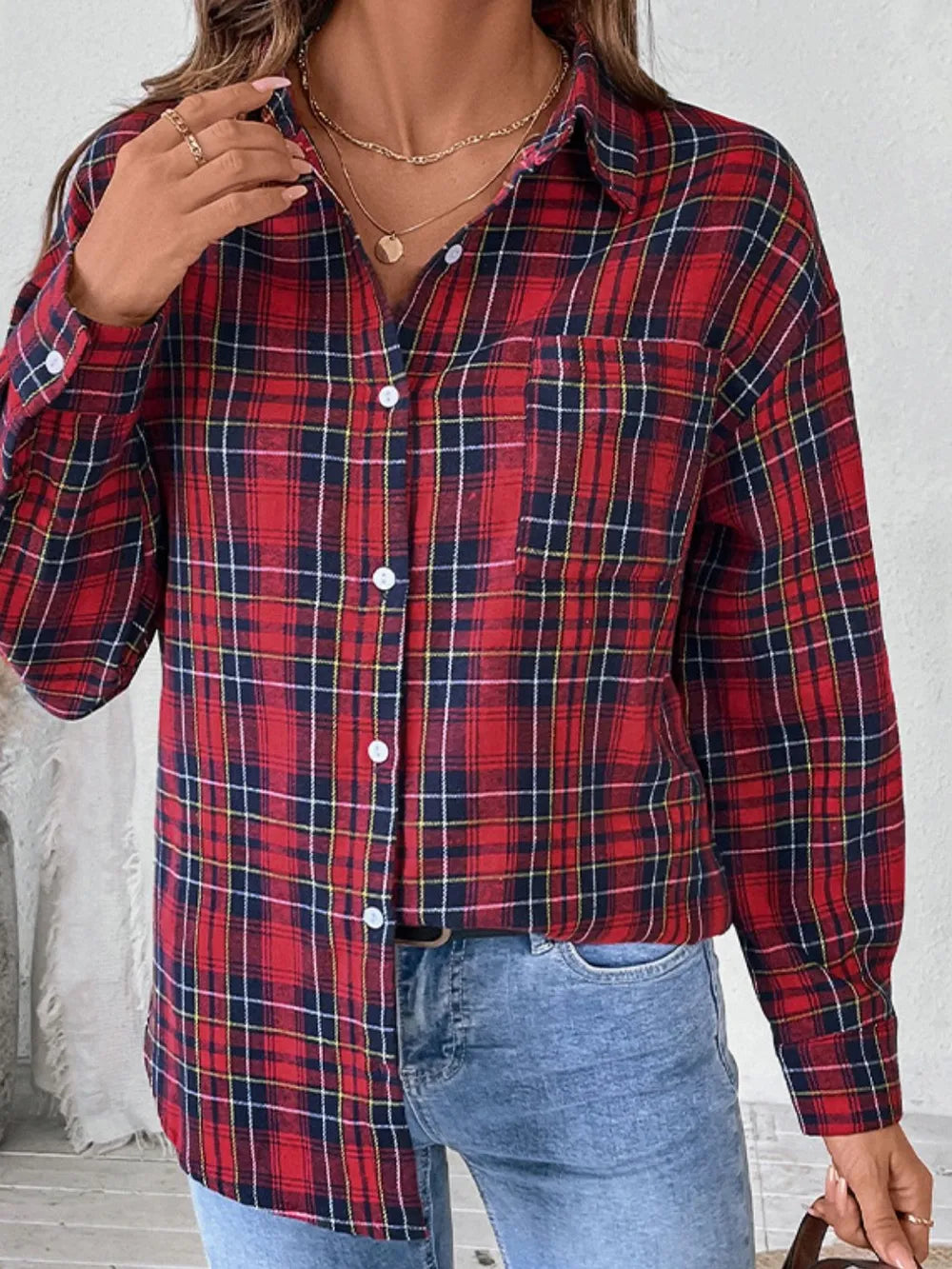 Plaid Button Up Long Sleeve Shirt - Deep Red