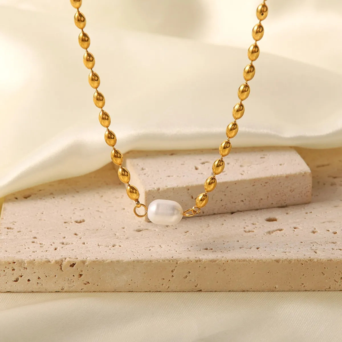 Pearl and Gold Chain Jewelry Set with Necklace and Bracelet -
