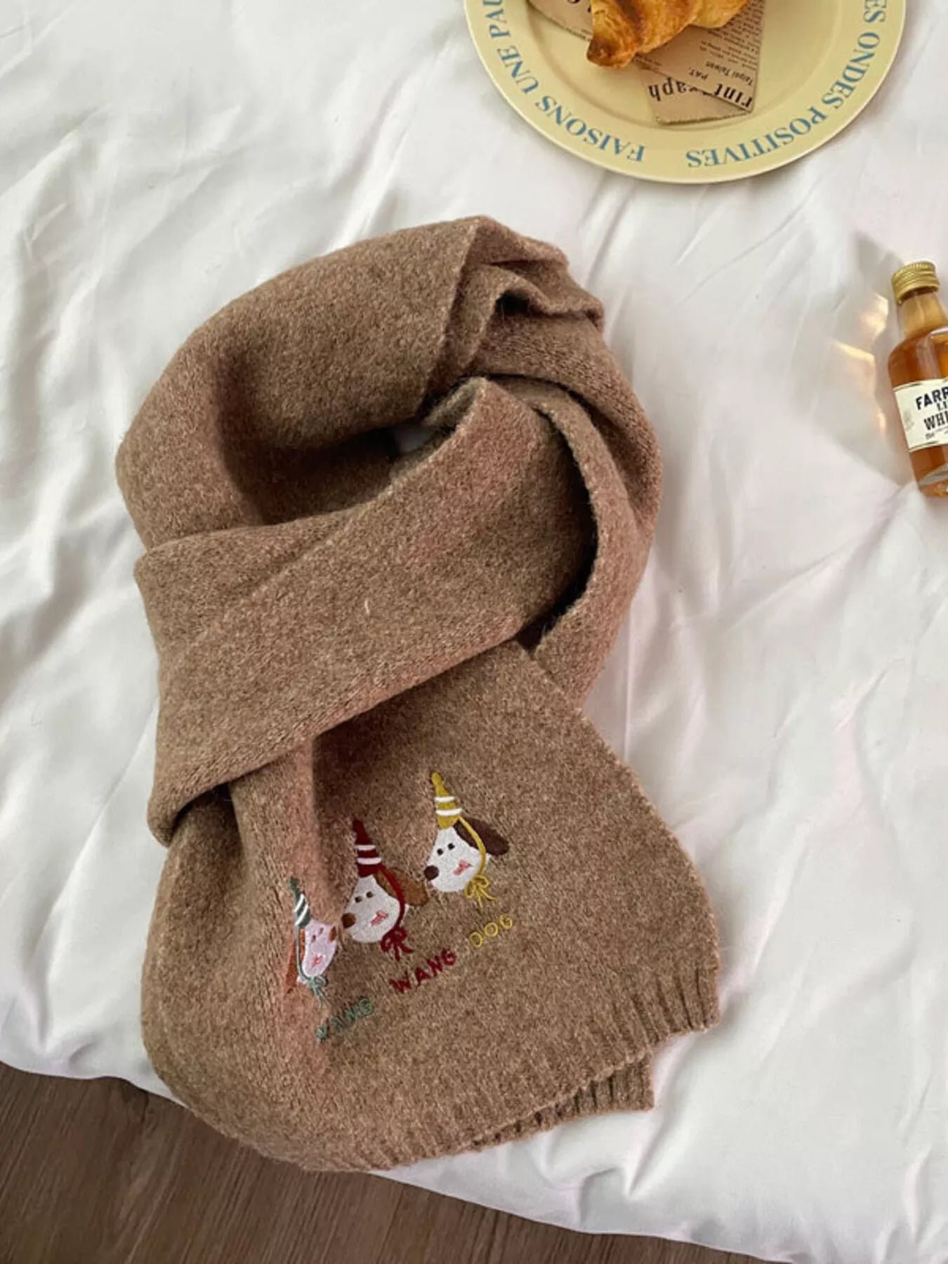 Embroidered Dog Plush Scarf - Khaki One Size