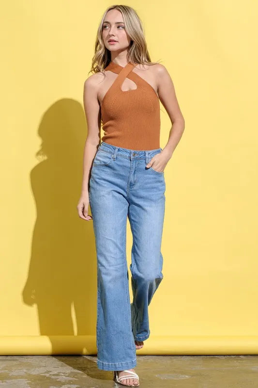 Rib Cross Halter Neck Tank Top - Camel