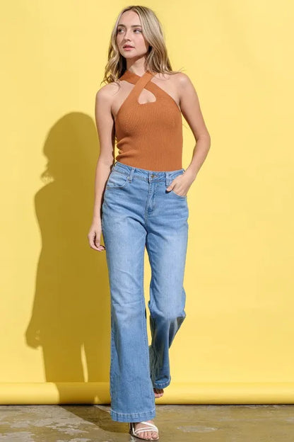 Rib Cross Halter Neck Tank Top - Camel