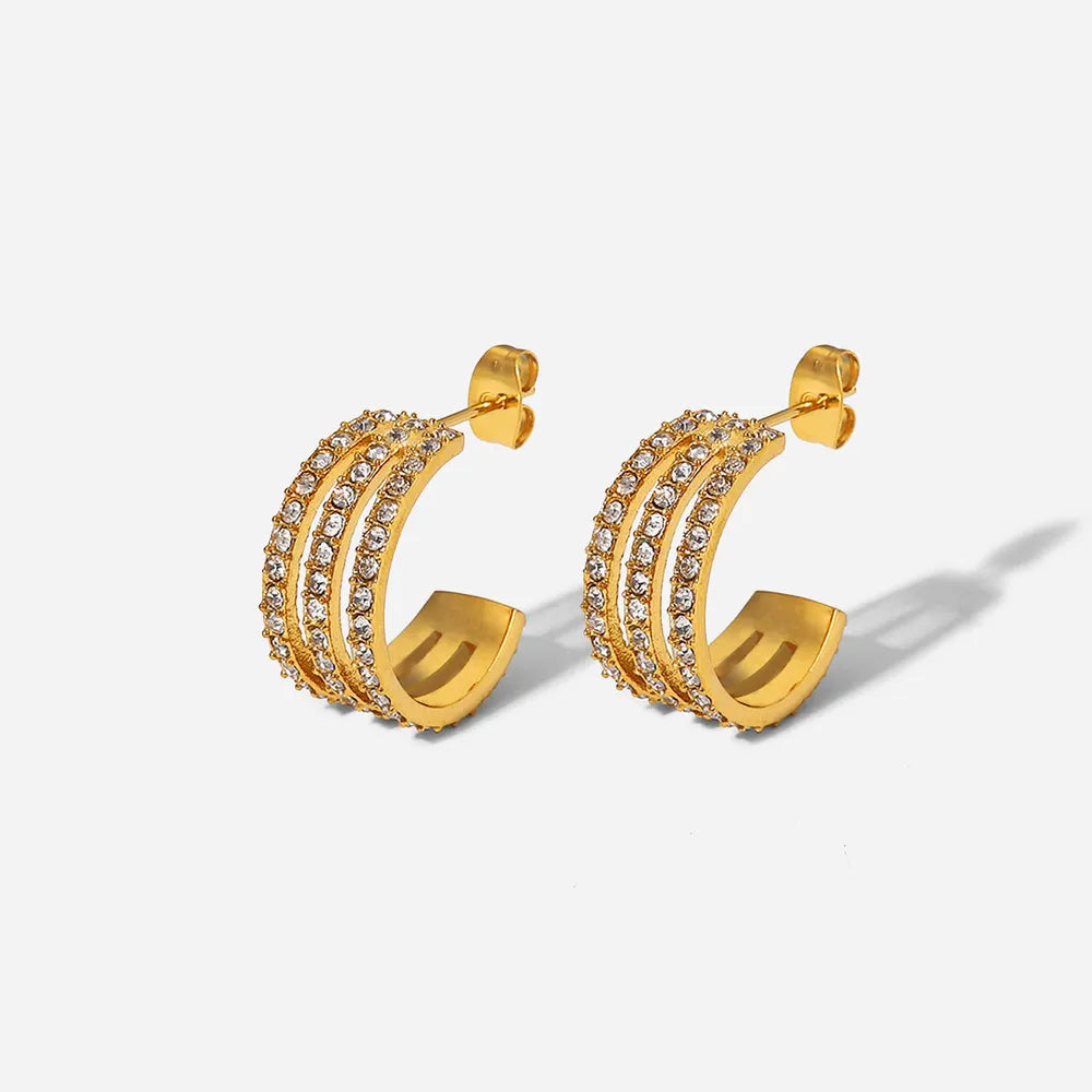Stainless Steel Inlaid Zircon C-Hoop Earrings - Gold One Size