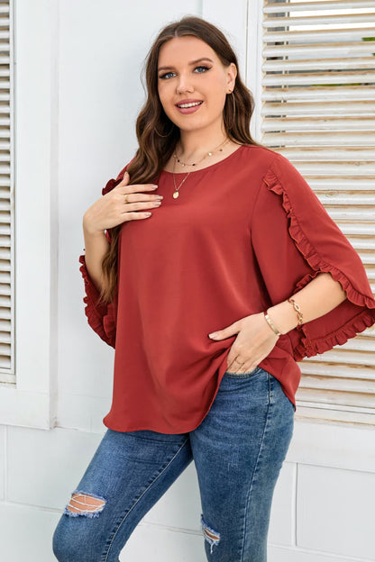 Plus Size Round Neck Frill Trim Blouse -