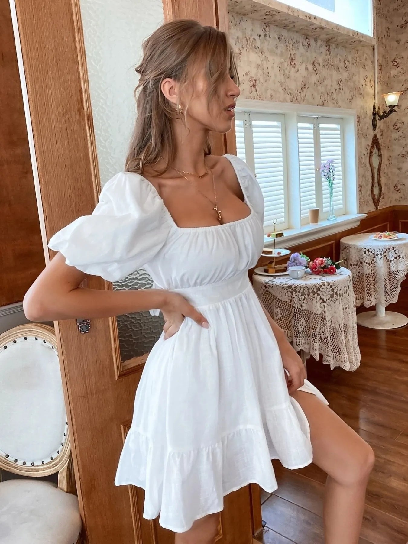Square Neck Puff Sleeve Mini Dress -