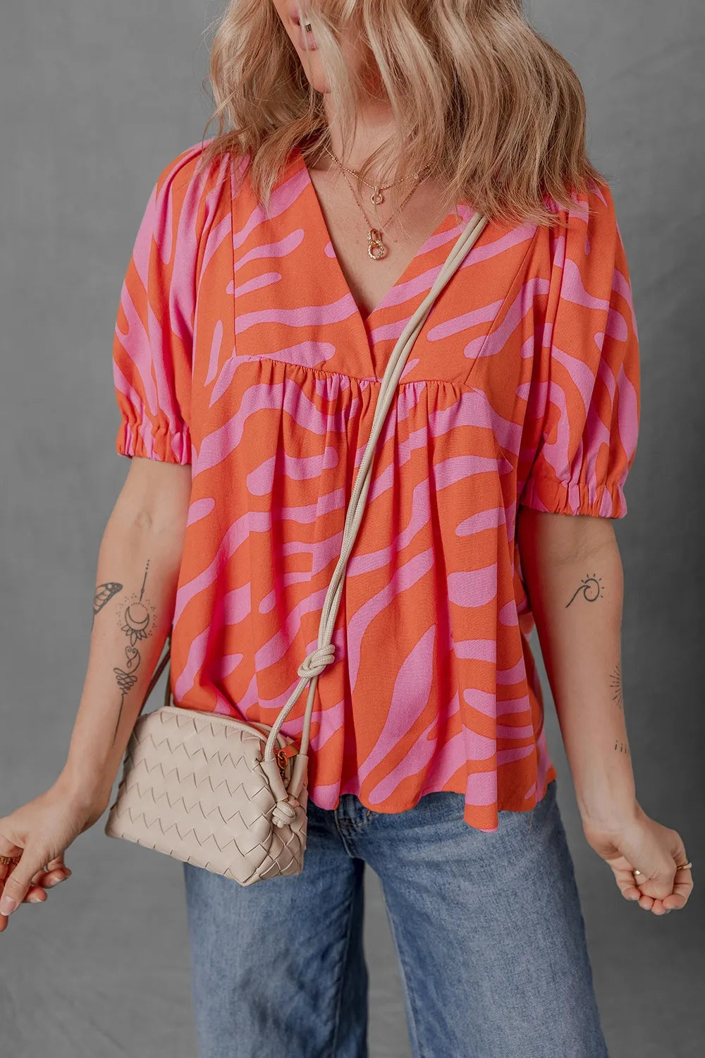Zebra Stripe Print Ruched Cuff Half Sleeve Blouse - Burnt Coral