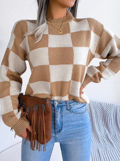 Checkered Mock Neck Long Sleeve Sweater