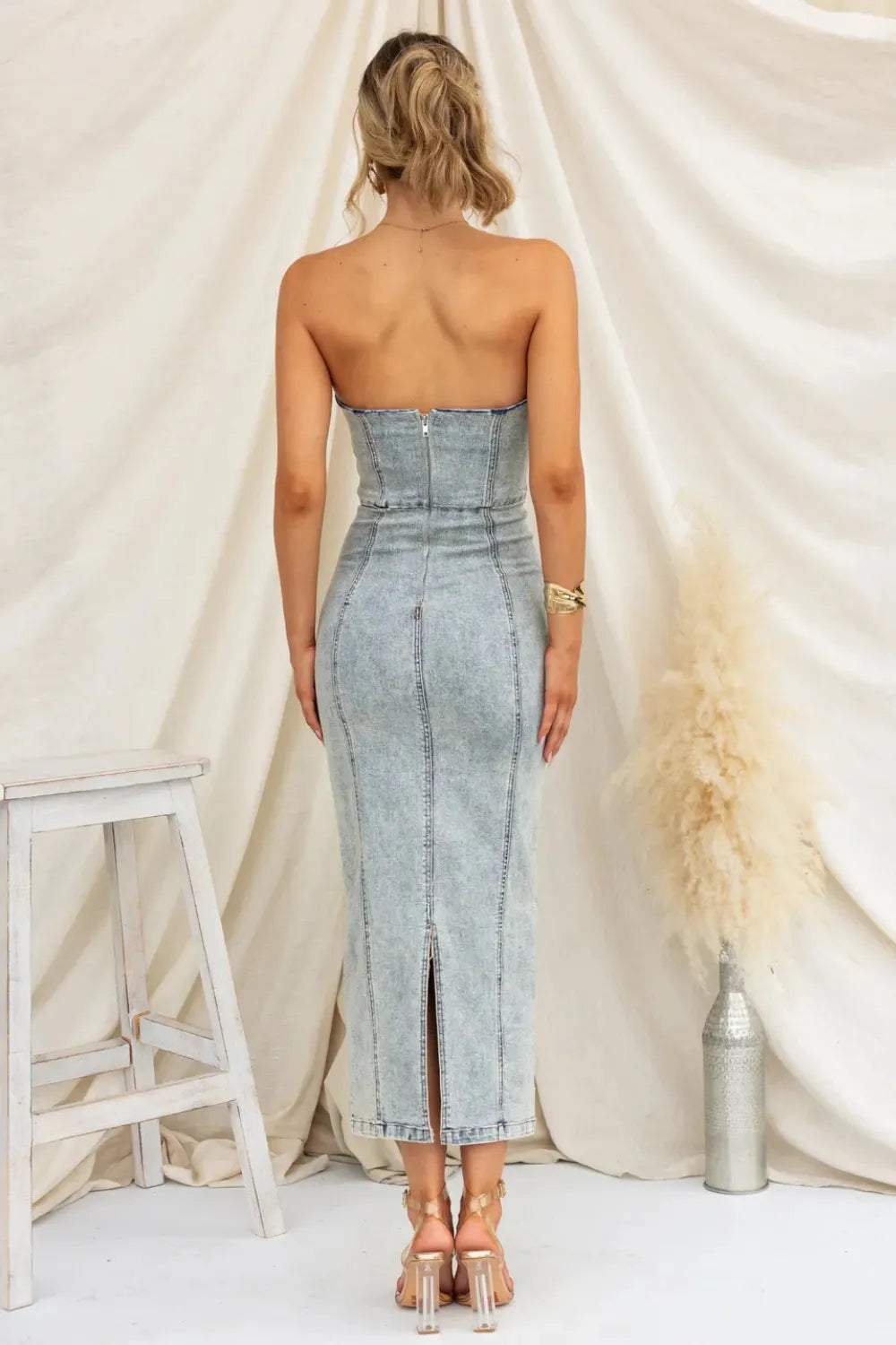 Washed Slit Back Tube Denim Dress -
