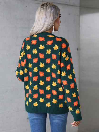 Maple Leaf Round Neck Long Sleeve Sweater -