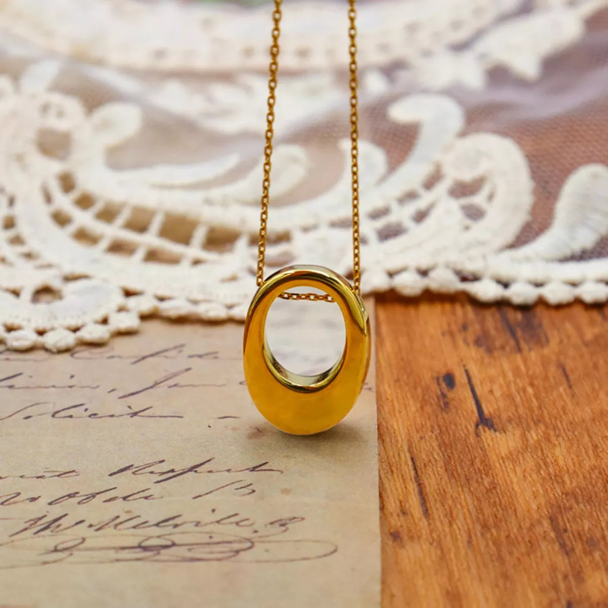 Gold-Plated Oval Pendant Necklace -