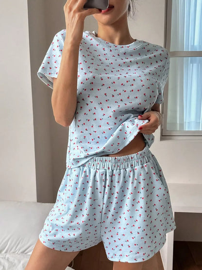 Floral Round Neck Top and Shorts Lounge Set -