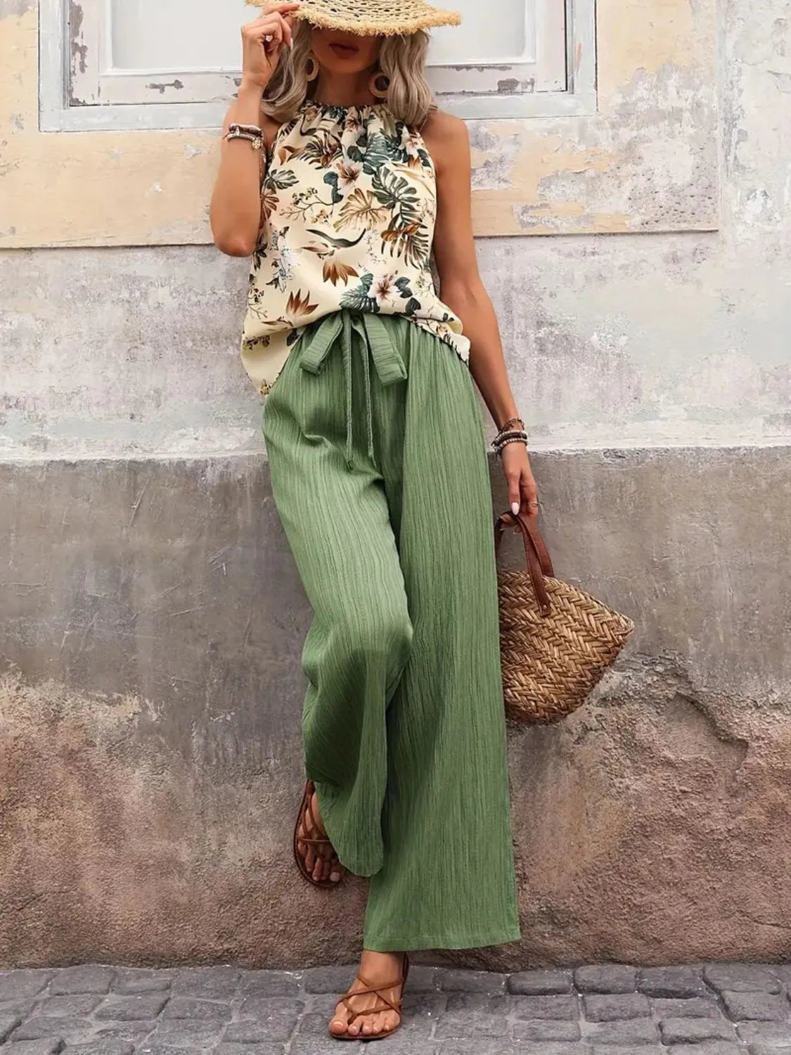 Printed Tank Top and Wide Leg Pants Set - Sage
