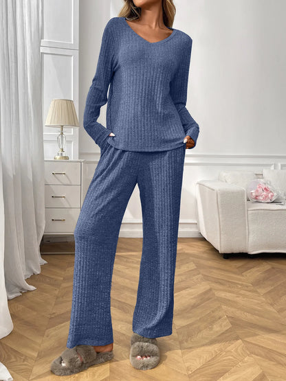 Ribbed Long Sleeve Top and Pants Lounge Set - Blue