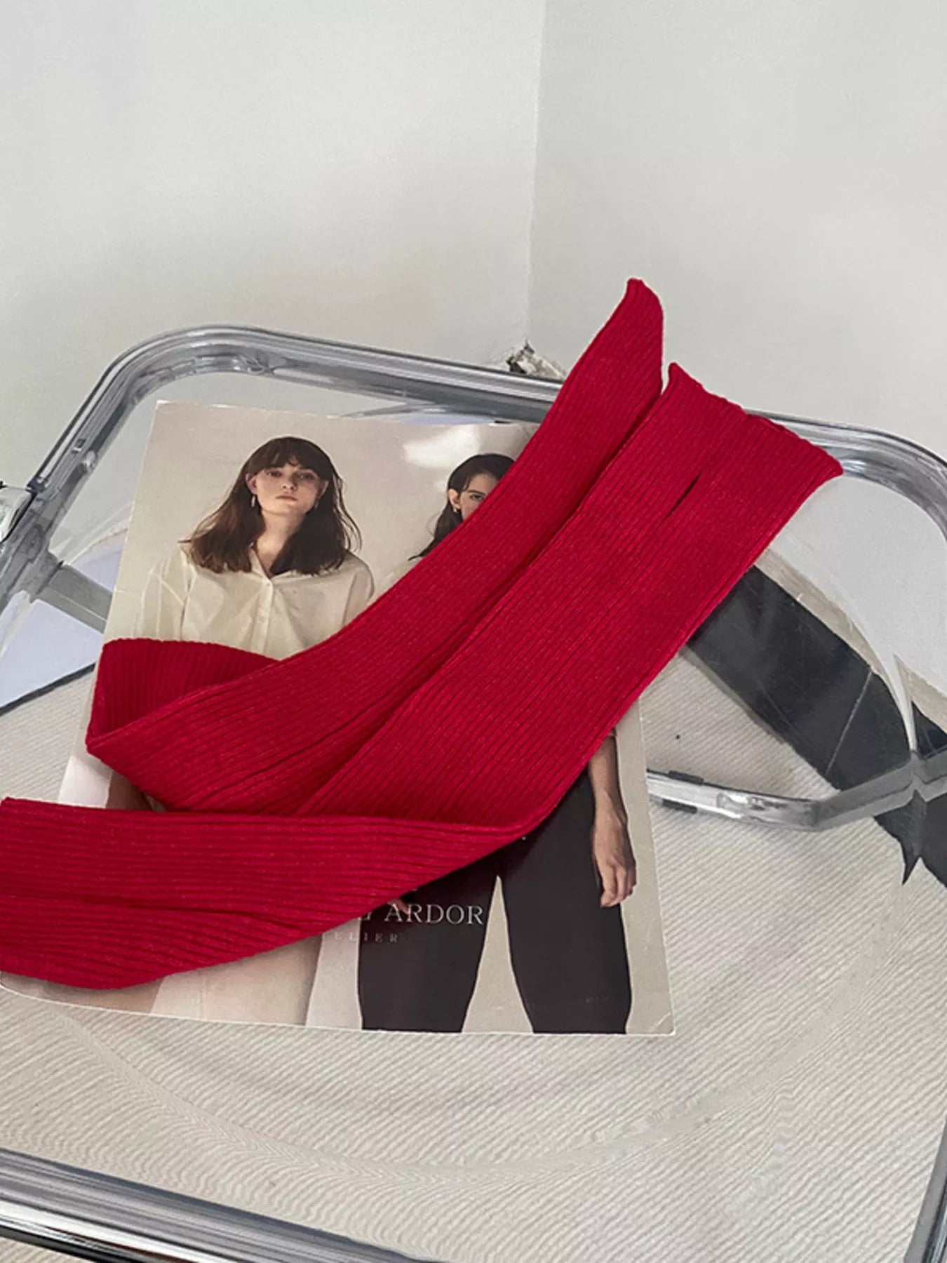 Knitted Arm Warmer Gloves - Red One Size