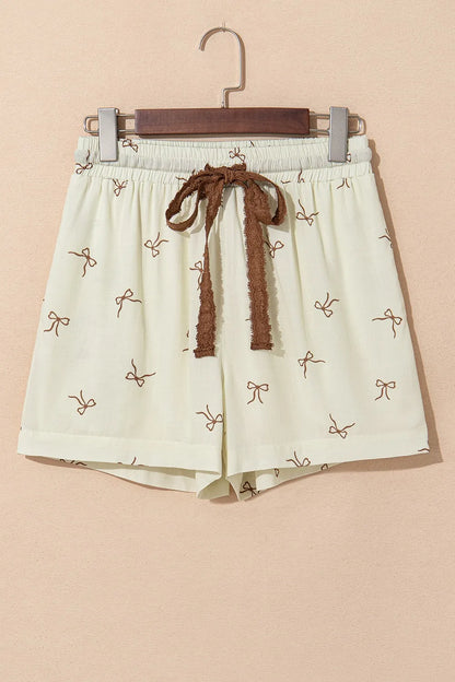 Bow Print Lace Drawstring Casual Shorts -