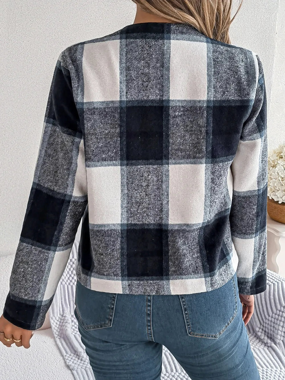 Plaid Open Front Long Sleeve Jacket -