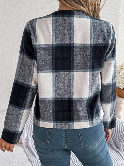 Plaid Open Front Long Sleeve Jacket -