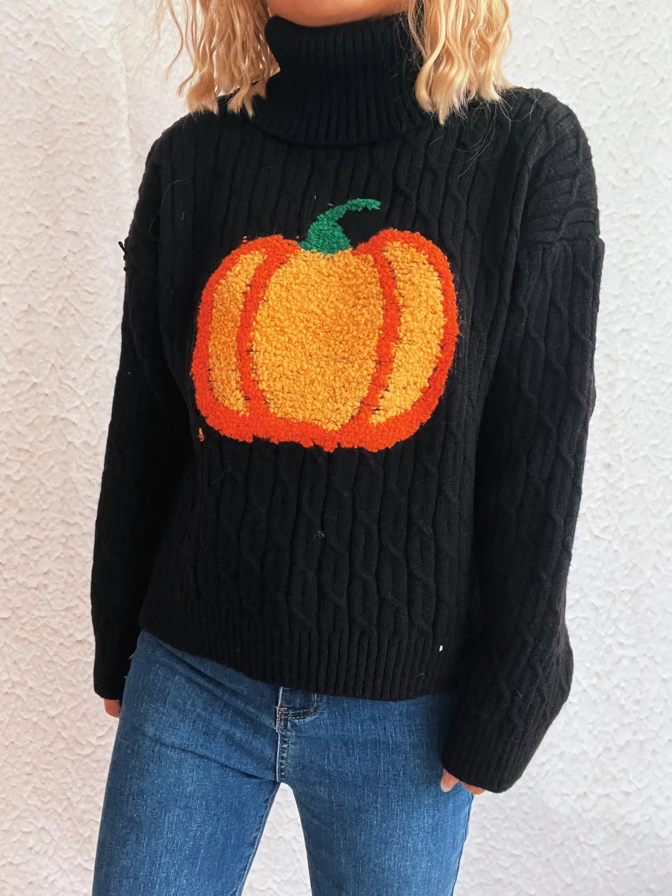 Pumpkin Turtleneck Long Sleeve Sweater - Black One Size