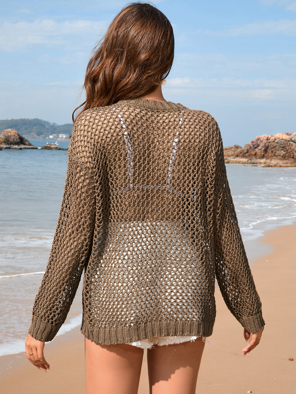 Heart Openwork Long Sleeve Cover-Up - Taupe