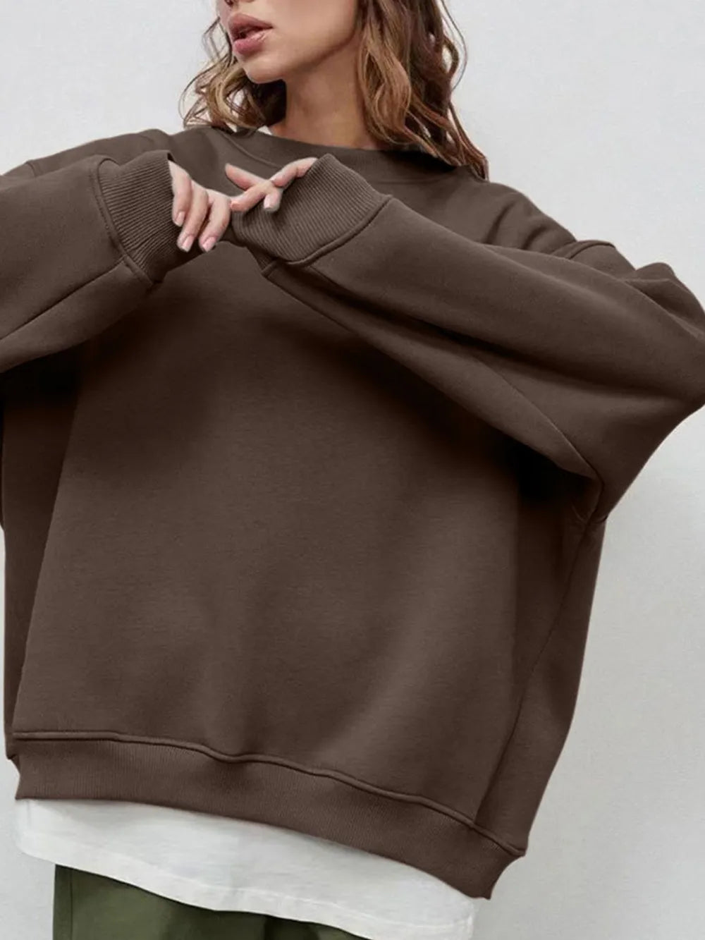 Round Neck Dropped Shoulder Long Sleeve Sweatshirt -