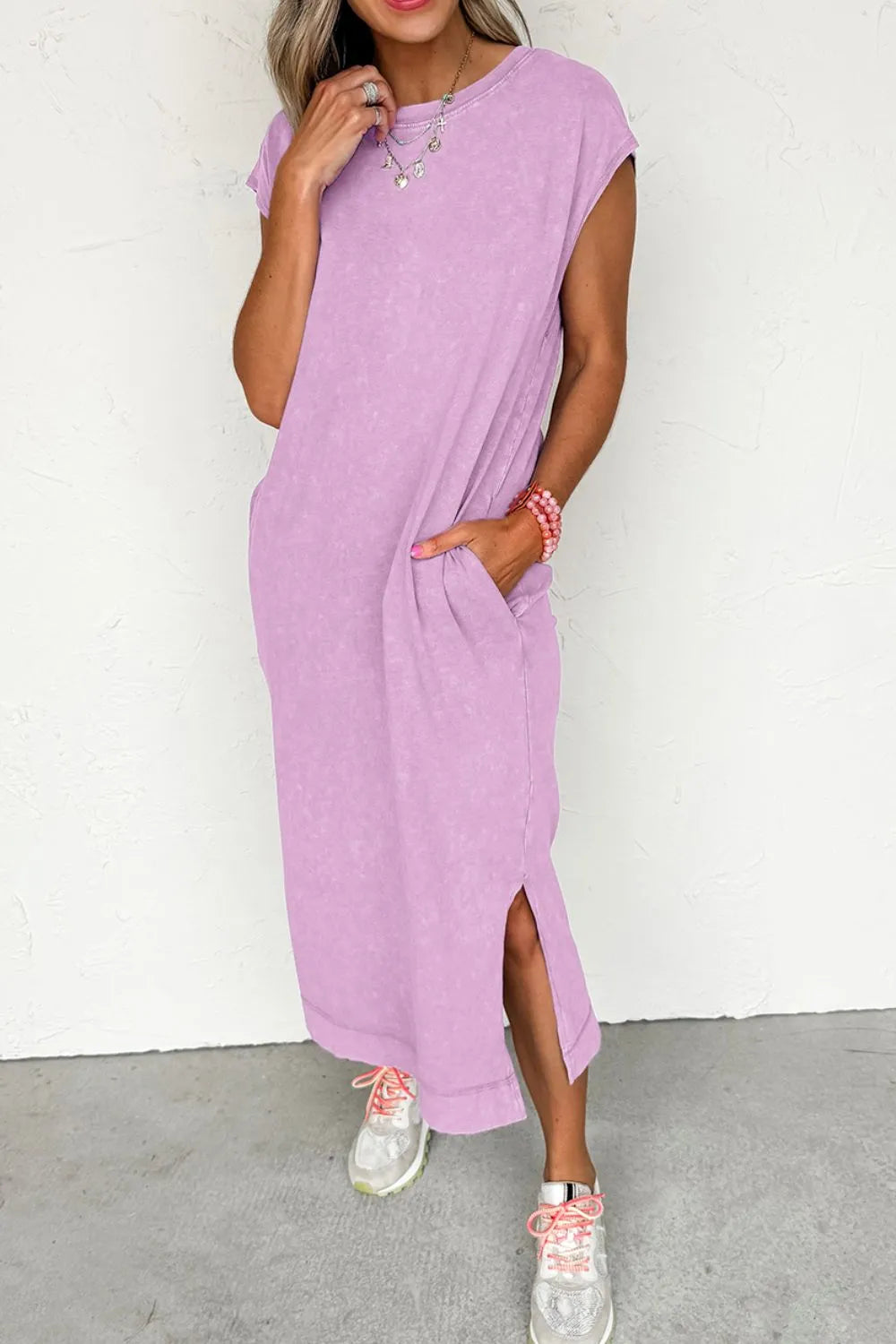 Side Split Round Neck Cap Sleeve T-Shirt Dress -