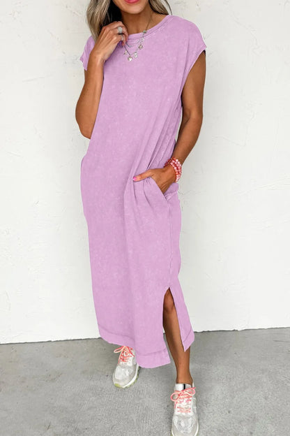 Side Split Round Neck Cap Sleeve T-Shirt Dress -
