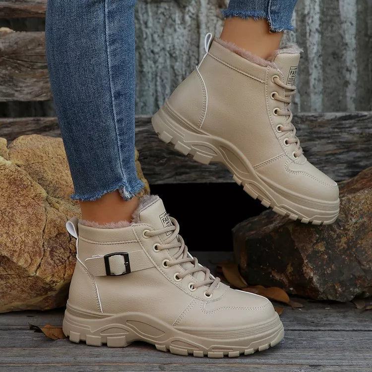 Warm Lined Ankle Boots with Buckle Detail - Beige