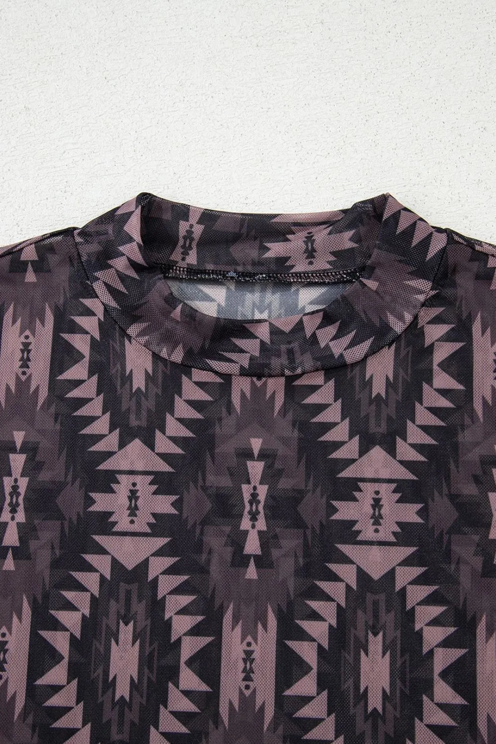 Aztec Print Mock Neck Mesh T-Shirt -