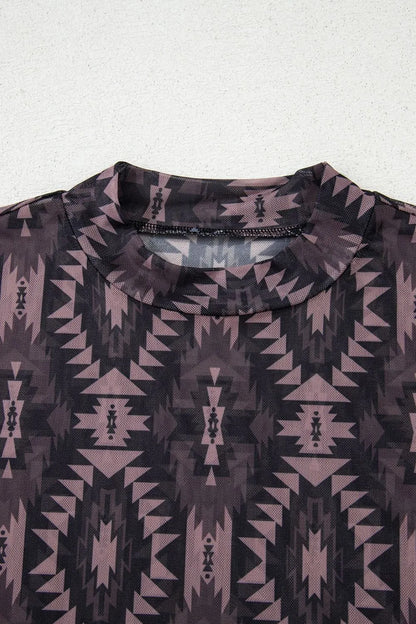 Aztec Print Mock Neck Mesh T-Shirt -