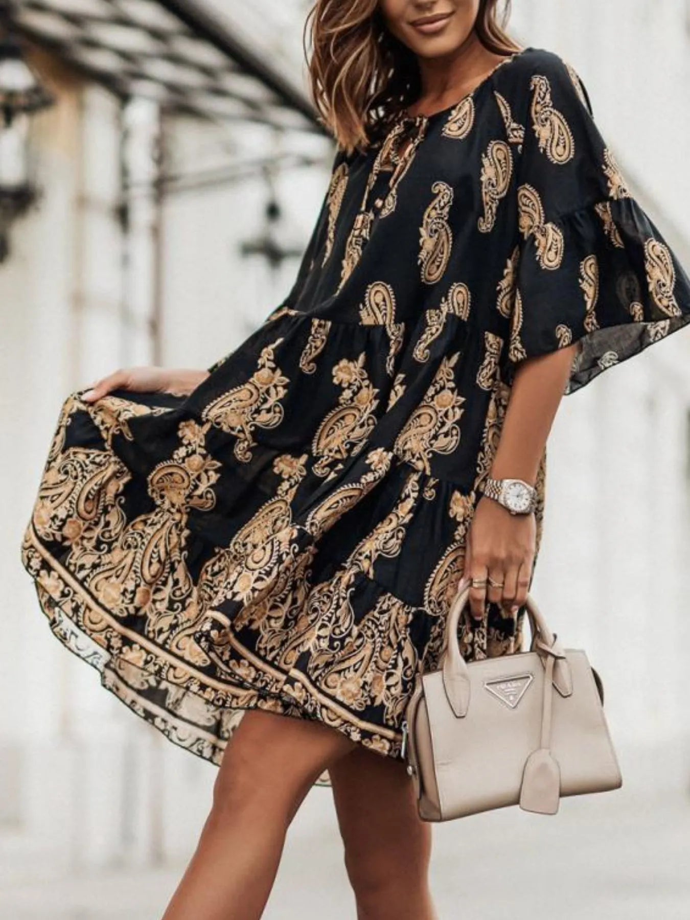 Paisley Print Tie Neck Half Sleeve Mini Dress -