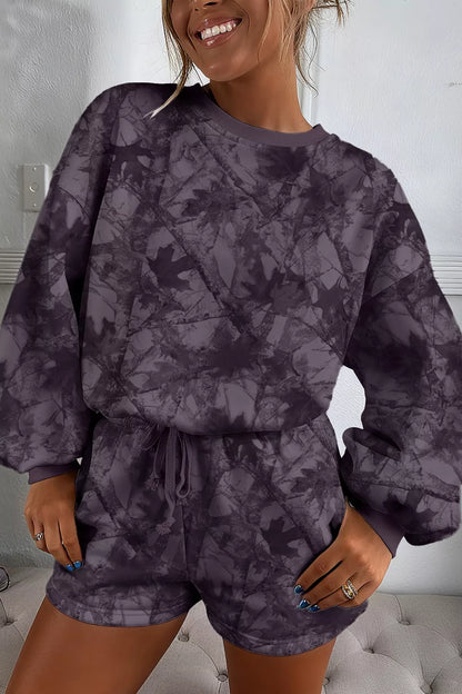 Abstract Camo Print Baggy Pullover Shorts Set - Olive Brown