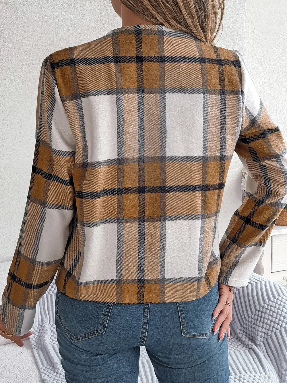 Plaid Open Front Long Sleeve Jacket -
