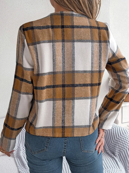 Plaid Open Front Long Sleeve Jacket -