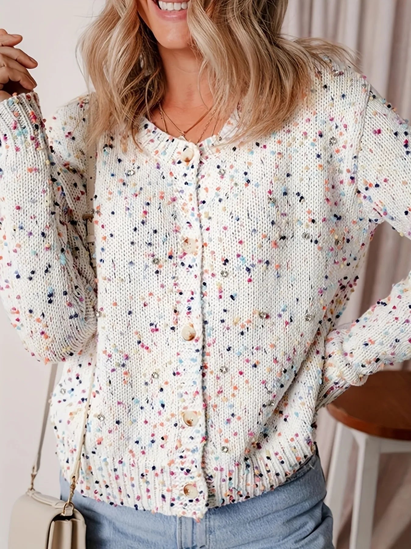 Colorful Button Up Long Sleeve Cardigan - White