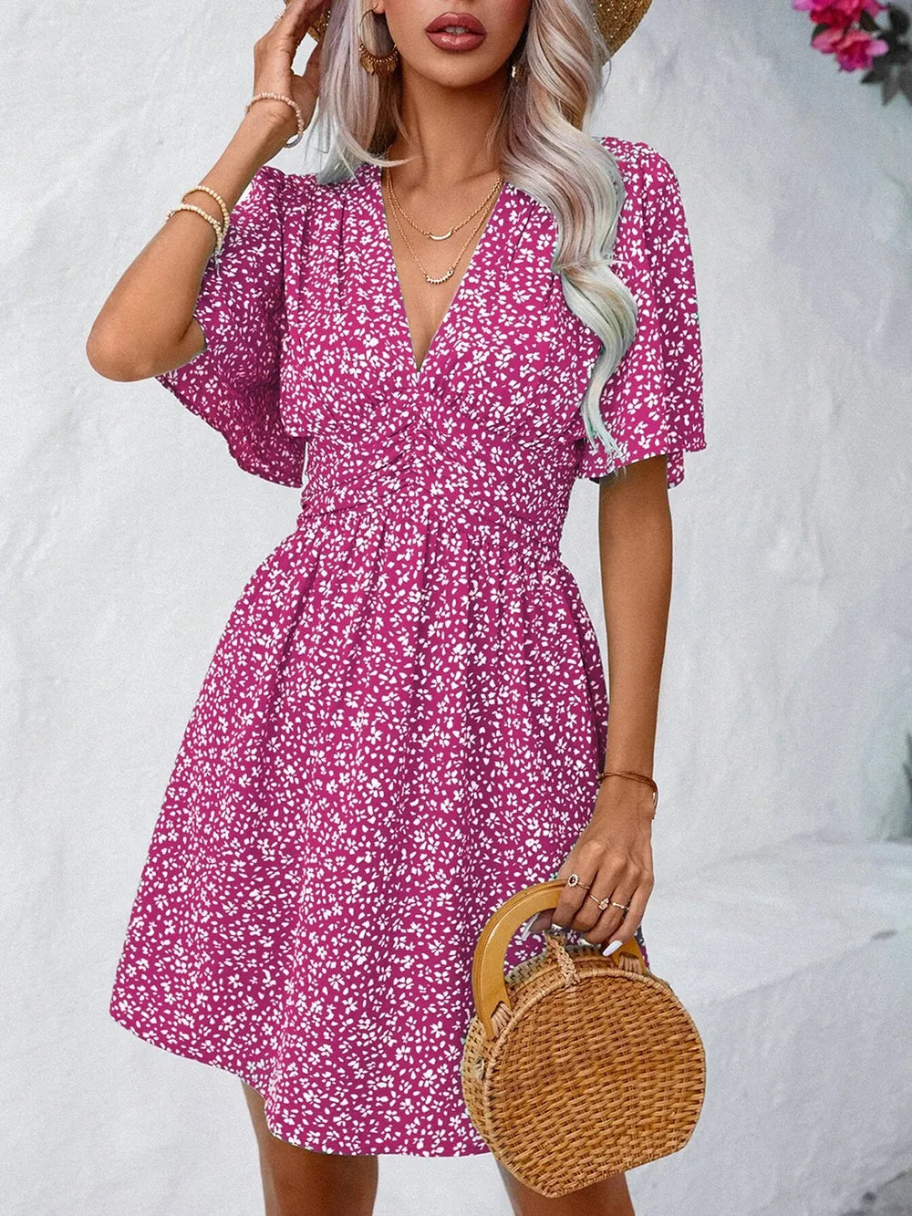 Printed V-Neck Half Sleeve Mini Dress - Deep Rose