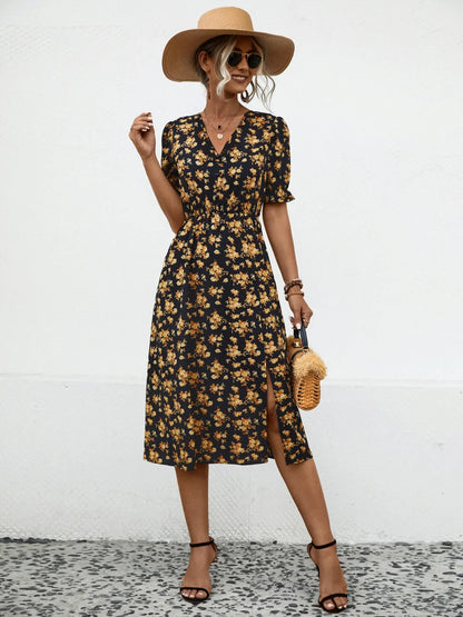 Slit Printed V-Neck Short Sleeve Dress - Black